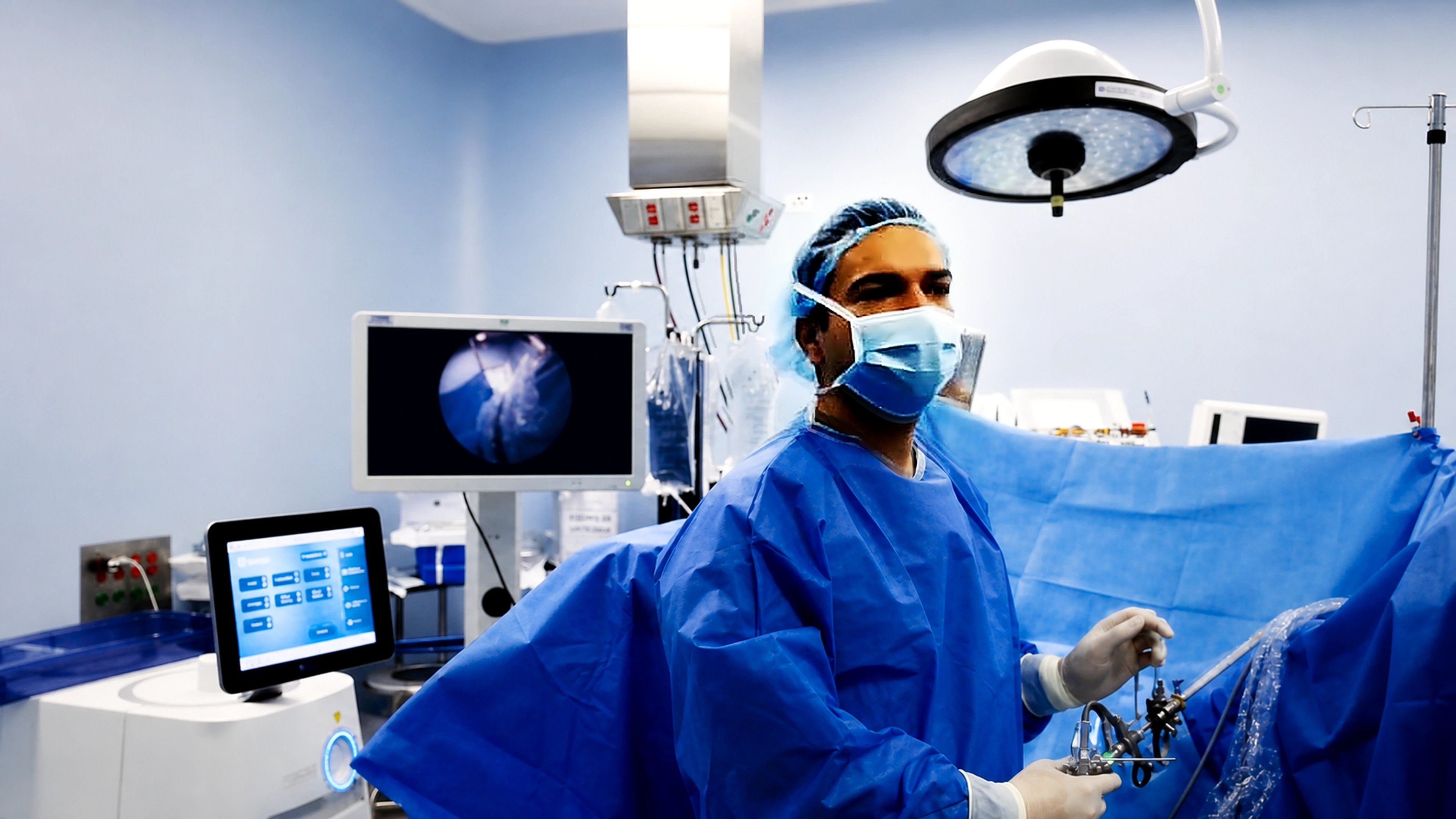 Equipo médico durante procedimiento urológico en quirófano.