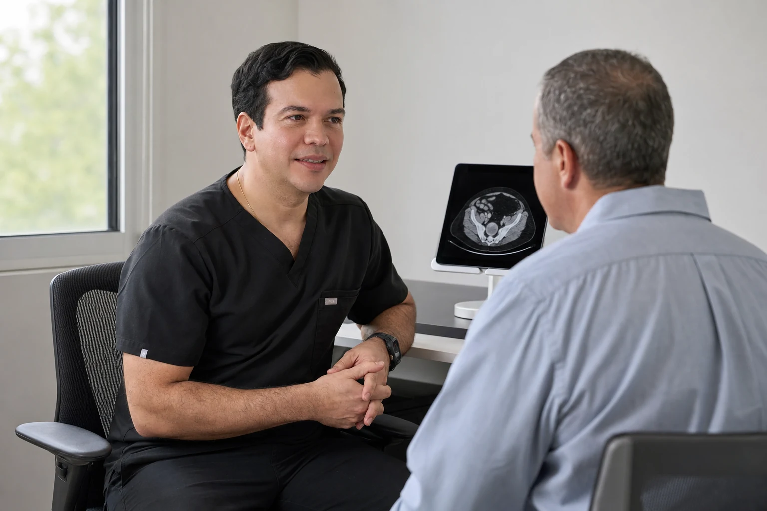 El Dr. Brugiati conversa con un paciente sobre una evaluación urooncológica.