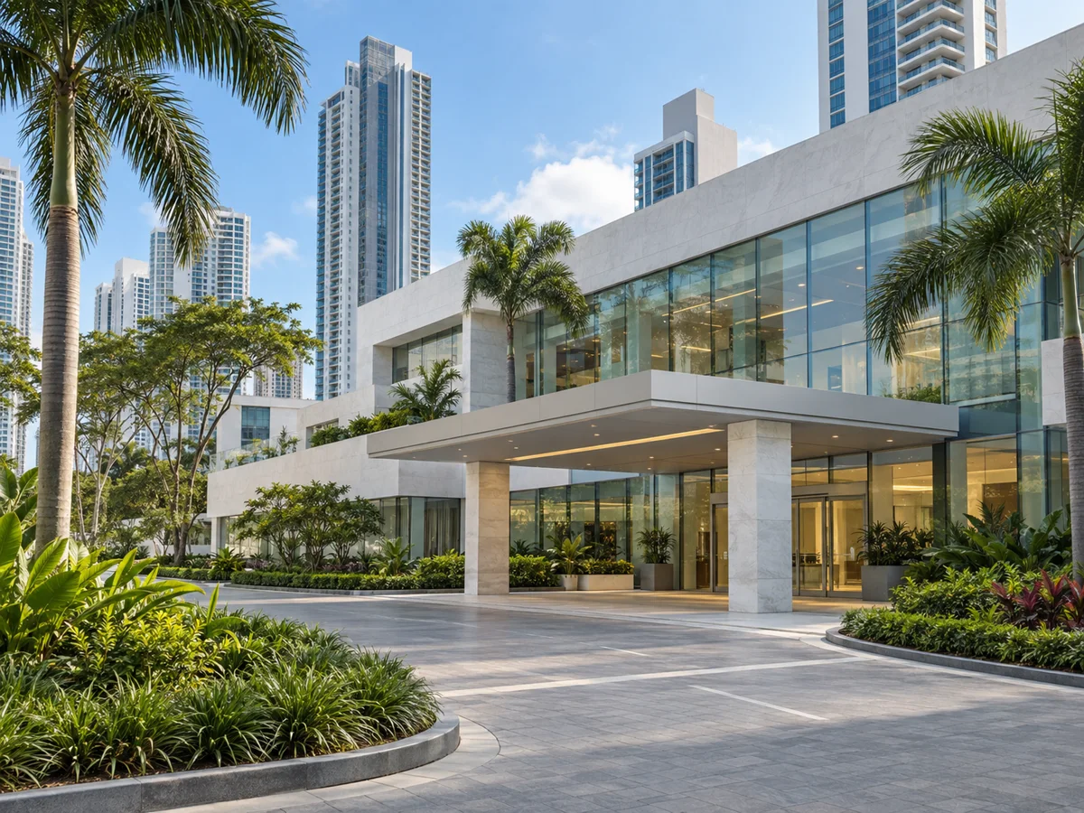 Vista arquitectónica ilustrativa de una sede hospitalaria en Costa del Este